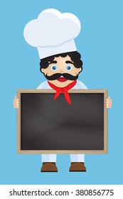 Vector illustration of cute chef holding green board with menu in hands and smilling