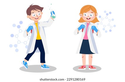 Vector illustration of cute chemist boy and girl. Cartoon scene of smiling children in white coats, glasses, medical gloves with chemical flasks, test tubes and molecules isolated on white background.
