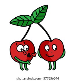 vector illustration of a cute cherries couple - man kissing a shy girl