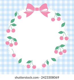 Vector illustration of cute cherries and ribbon frame. Cherry, fruit, lace, girly