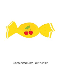 Vector illustration cute cherry candy in yellow wrap. Sweet candy icon. 