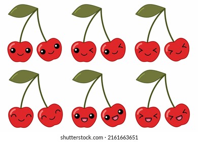 Vector illustration of cute cherry cartoon character isolated on white background. Fruit cartoon set with kawaii smiling emoji.