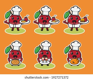 Vector illustration of cute Cherry chef cartoon. Cute Cherry chef expression character design bundle. Good for icon, logo, label, sticker, clipart.