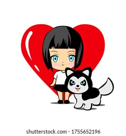 vector illustration of a cute chibi anime girl and husky dog ​​cartoon character and red heart