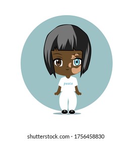 vector illustration of a cute chibi anime girl with dark and light skin color with different eye color and vitiligo