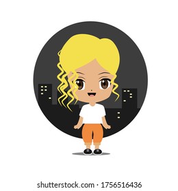 vector illustration of a cute chibi anime blonde girl against the background of the night city