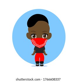vector illustration of a cute chibi anime funny boy with a red bandana on his face