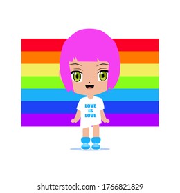 vector illustration of a cute chibi anime funny girl and lgbt flag