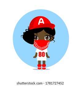 vector illustration of a cute chibi anime funny girl with curly hair a red bandana on her face and a pink cap