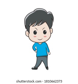 Vector illustration of cute chibi character as celebration of children's day. isolated on white background. Cartoon little boy in blue coat, gray jeans, black boots. Put hand on waist and smiling face