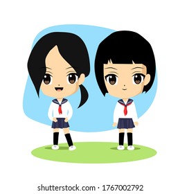 vector illustration of a cute chibi japanese anime school girls in school uniform