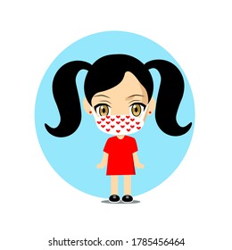 vector illustration of a cute chibi korean anime girl with face mask and two hair tails