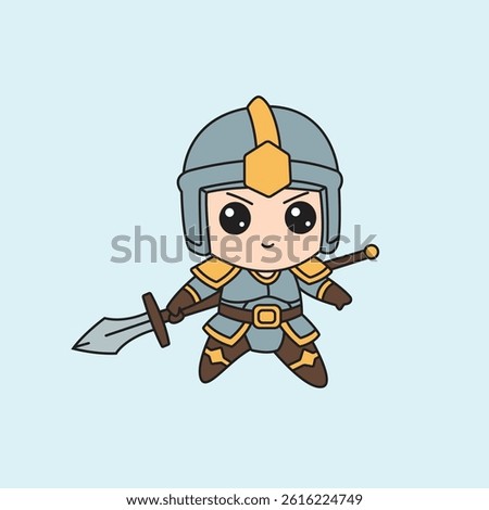 Vector illustration Cute chibi warrior in blue and gold armor wielding a sword with a confident smile