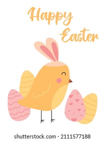 Vector illustration of a cute chick with easter eggs. Childish illustration of a cute Easter chick with bunny ears. Happy easter.