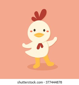 Vector illustration of cute chicken cartoon character standing in red pink background. 