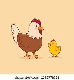 Vector illustration of cute chicken and chicks in cartoon style. 