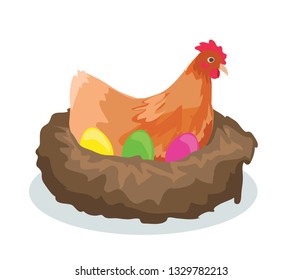 Vector illustration of cute chicken hen sitting in nest on her eggs isolated on white background