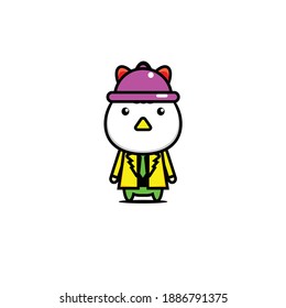 Vector illustration of cute chicken in purple hat