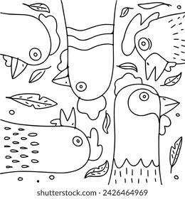 Vector illustration of cute chickens. Closeup side view of several avian animal faces. Fun birds coloring page.