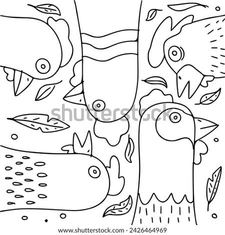 Vector illustration of cute chickens. Closeup side view of several avian animal faces. Fun birds coloring page.