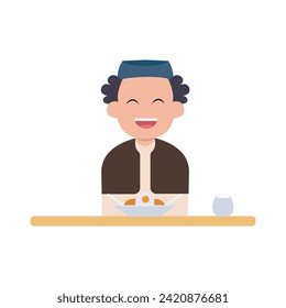 vector illustration of a cute child character breaking the fast simple concept eid mubarak happy