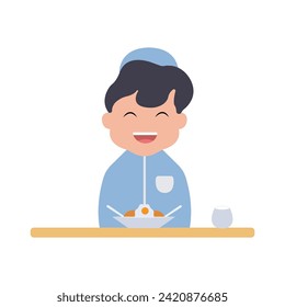 vector illustration of a cute child character breaking the fast simple concept eid mubarak happy