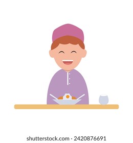 vector illustration of a cute child character breaking the fast simple concept eid mubarak happy