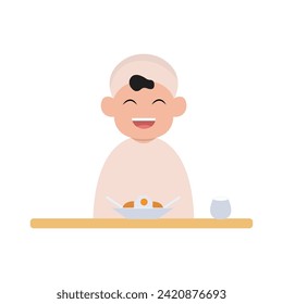 vector illustration of a cute child character breaking the fast simple concept eid mubarak happy