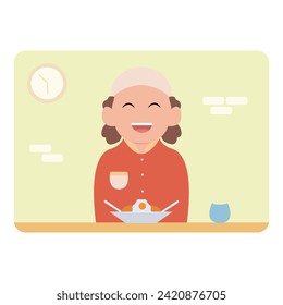 vector illustration of a cute child character breaking the fast simple concept eid mubarak happy
