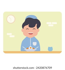 vector illustration of a cute child character breaking the fast simple concept eid mubarak happy