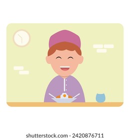 vector illustration of a cute child character breaking the fast simple concept eid mubarak happy