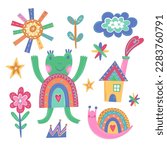 Vector illustration cute child collection with frog, house, sun, snail. Cartoon flat style.