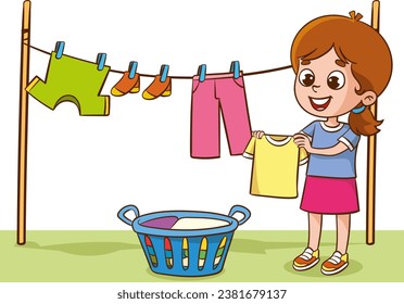 vector illustration of cute child girl hanging laundry