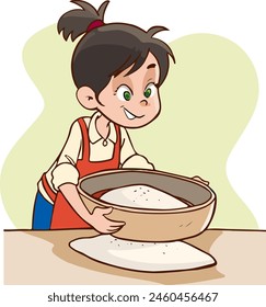 Vector illustration of cute child girl sifting flour