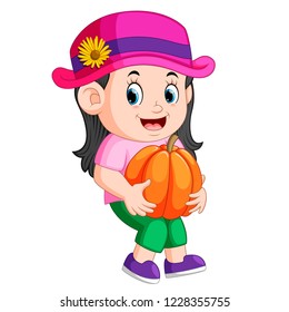 Vector illustration of Cute child holding big pumpkin