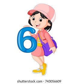 vector illustration of cute child holding balloon with number six