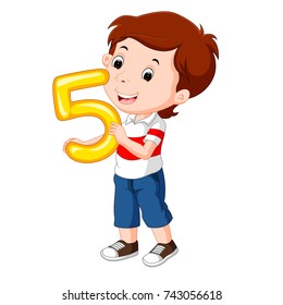 vector illustration of cute child holding balloon with number five