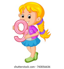 vector illustration of cute child holding balloon with number nine