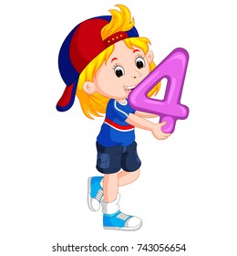 vector illustration of cute child holding balloon with number four