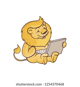 Vector illustration of cute child lion sitting with laptop isolated on white background. Hand drawn adorable african wild animal with mane looking at laptop screen with smile.