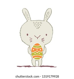 Vector illustration: cute childish bunny icon with easter egg in pastel colors isolated on white background. Graphic design for Easter decoration, greeting cards and posters, baby clothes and things
