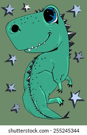 vector illustration of cute childish cartoon little dinosaur with stars