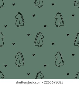 vector illustration  cute childish green background and dinosaurs   hearts  wallpaper  dinosaur  The Dragon  animals  cute monsters  child  kit  era  Baby  seamless pattern