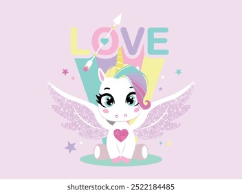 Vector illustration, cute childish unicorn. Design for printing on shirt, poster, banner, Lovely print for t-shirt