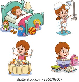 vector illustration of cute children daily routine