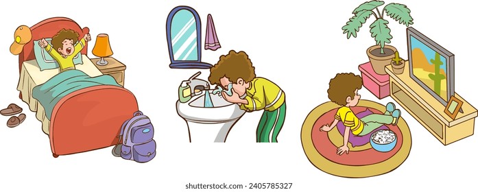 vector illustration of cute children daily routine