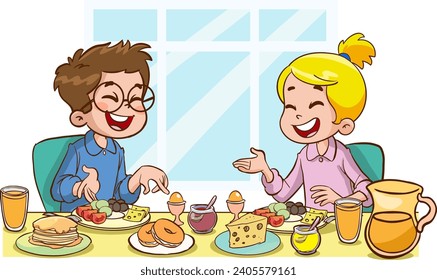 vector illustration of cute children having breakfast