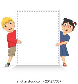 Vector Illustration Of Cute Children Holding White Banner