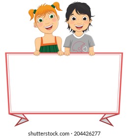 Vector Illustration Of Cute Children Holding Red Frame Banner