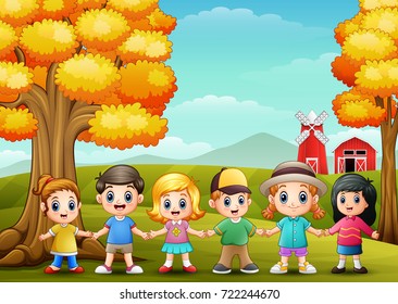 Vector illustration of Cute children holding hands together in farm background